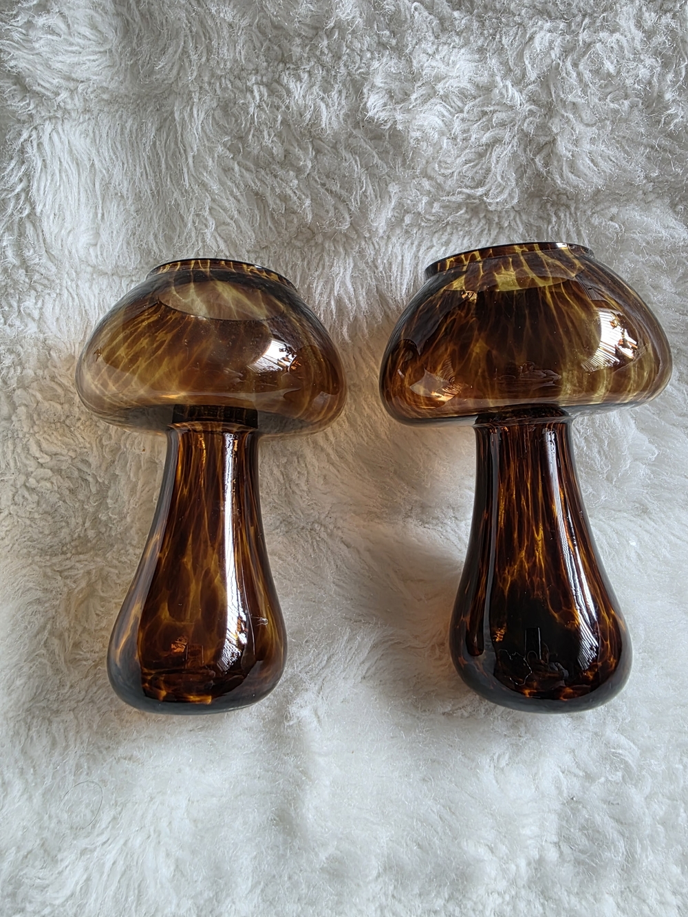 Amber Glass Mushroom Sculptures Pair - Decorative Accent